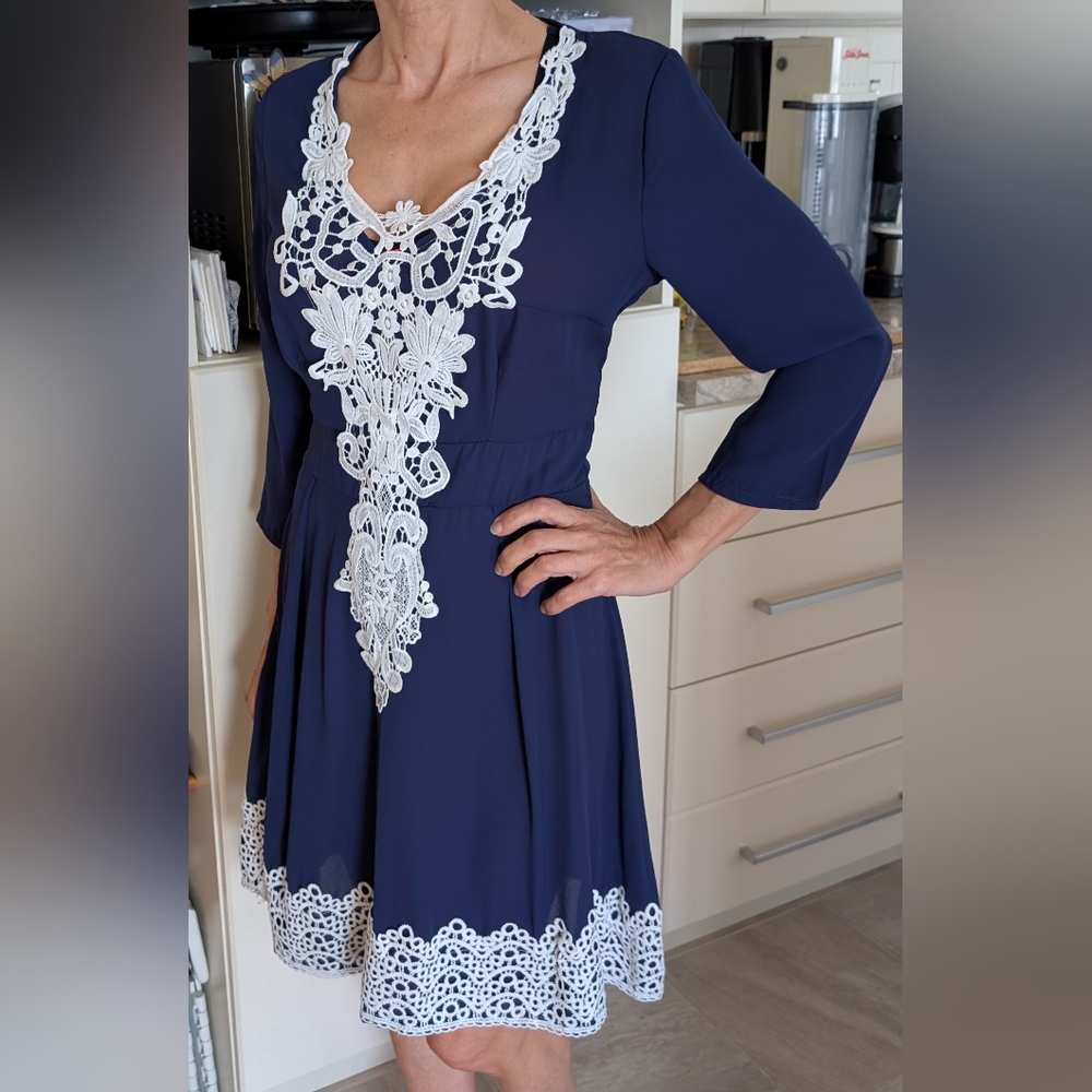 Elegant Navy Dress with White Lace Detail